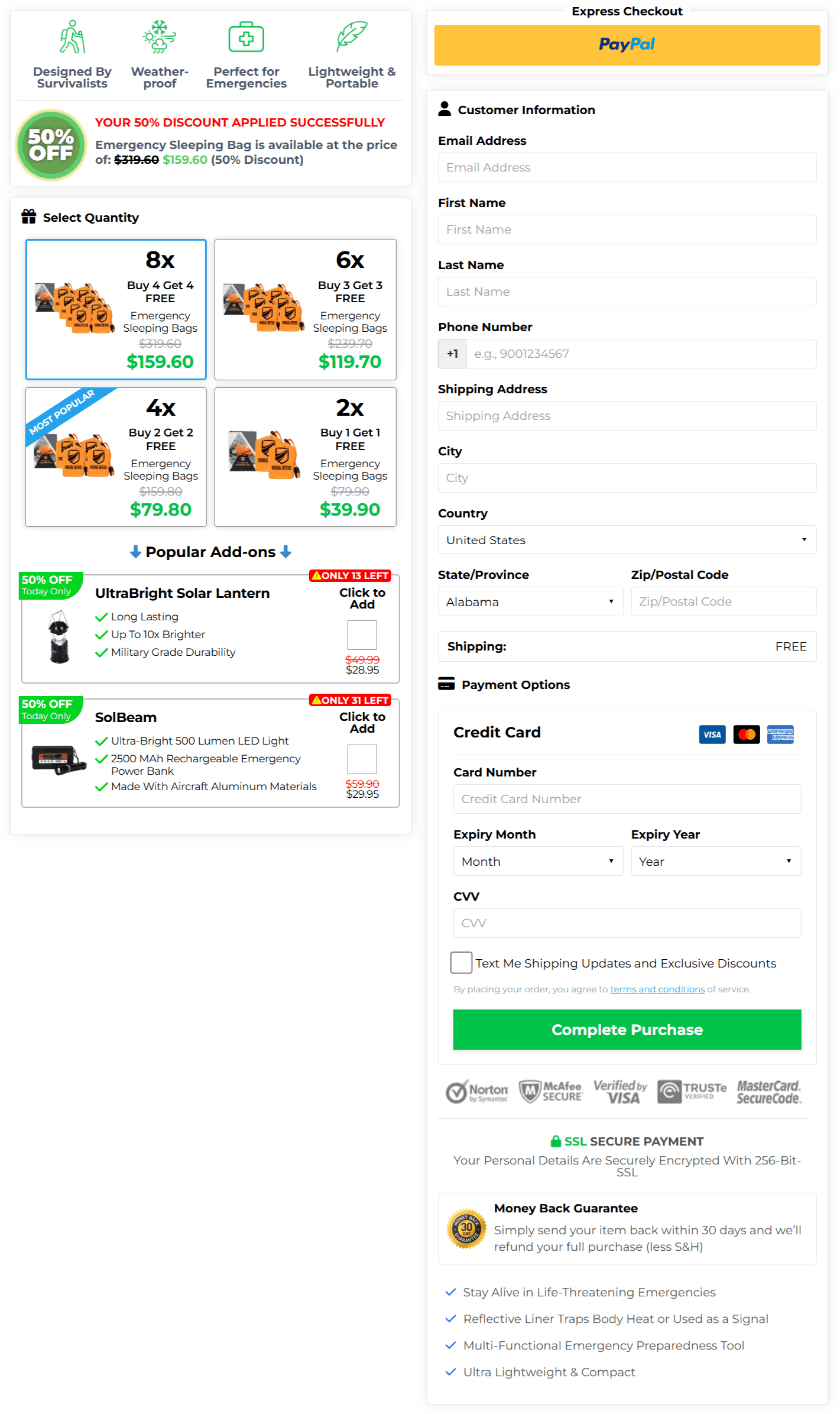 Emergency Sleeping Bag checkout page
